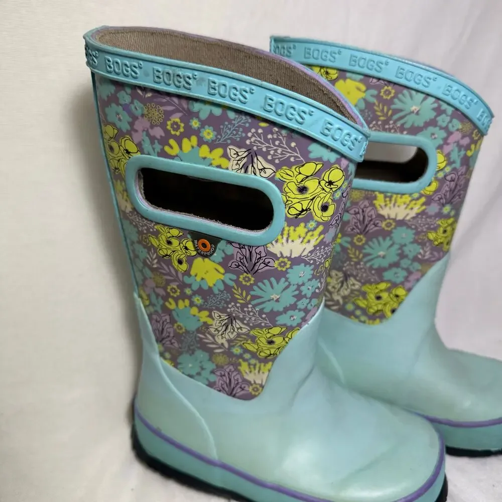 BOGS Kids Girls Size 9 Floral Rain Boots Mint Aqua Purple Waterproof